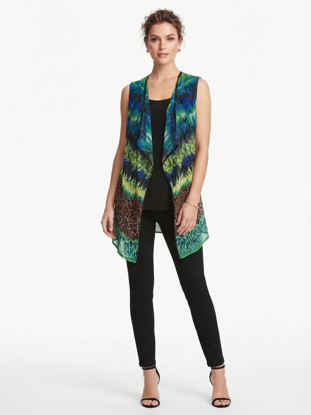 Chenault Medium Blue Green Leopard Print Sleeveless Layered Tunic Top